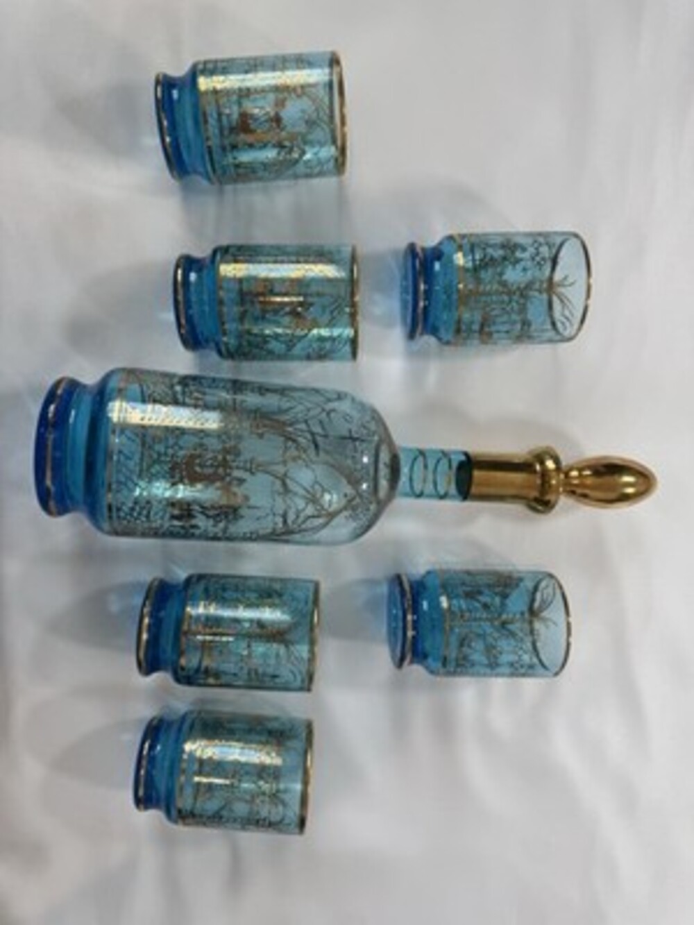 Vintage Bohemian Style Blue Glass Decanter Set With Gold Decoration